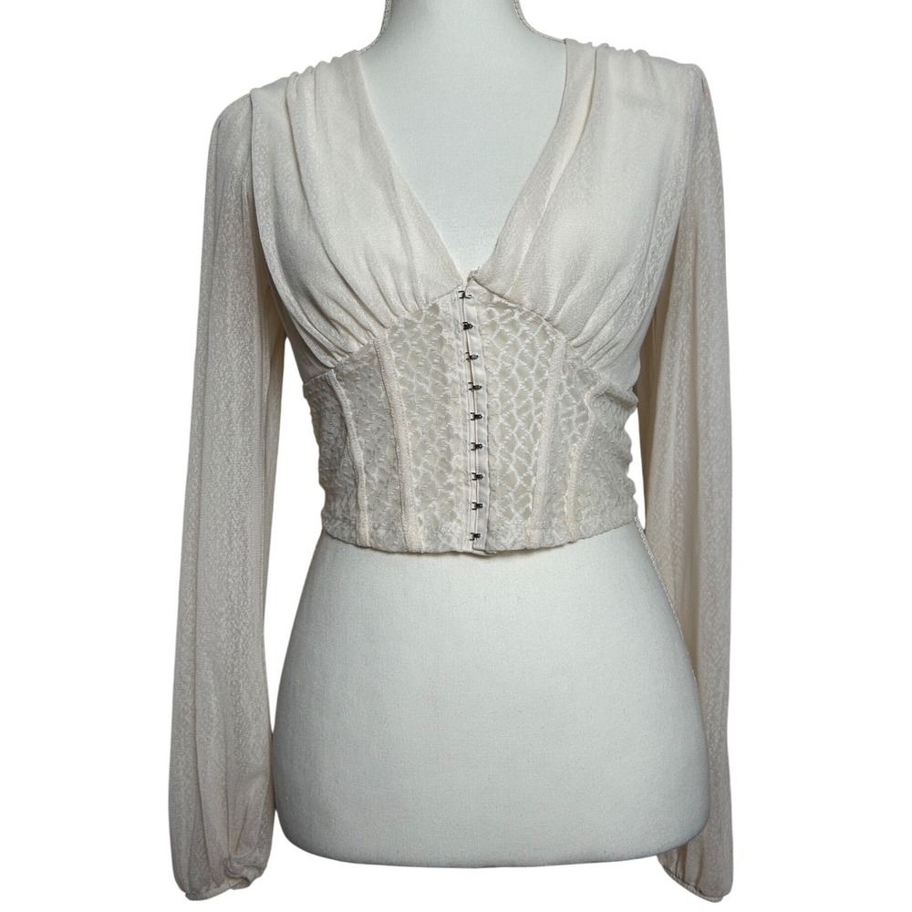 Cream Corset Detail Sheer Bubble‎ Sleeve Crop Top Women's Size Small Elegant